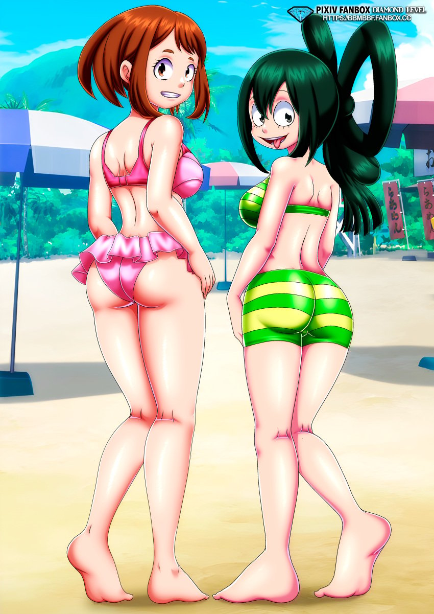 2girls ass barefoot bbmbbf beach breasts diamond_level feet female female_only looking_at_viewer multiple_girls my_hero_academia ochako_uraraka open_mouth palcomix pietros_secret_club teeth tongue tongue_out tsuyu_asui