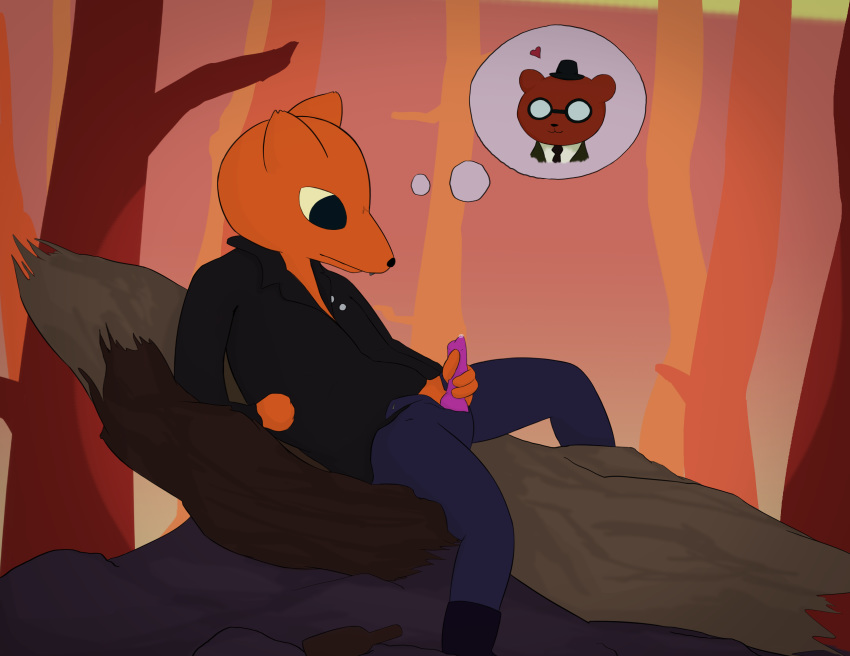 angus_(nitw) animal_genitalia animal_penis bear canine canine_penis clothing cum eyewear fox glasses gregg_(nitw) headwear jacket kaiberu lying male_only mammal masturbation necktie night_in_the_woods outside penis precum reclining solo sunset tree trilby