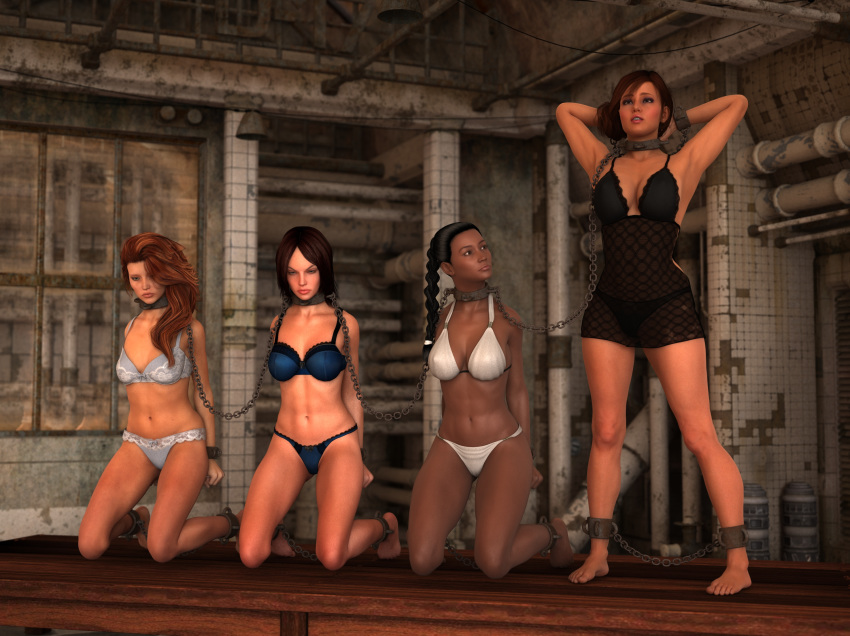 3d 4girls ankle_cuffs arms_behind_back auction barefoot bondage bra chains collar crabbyoldman cuffs dark-skinned_female dark_skin femsub hands_behind_head kneeling multiple_girls multiple_subs panties public slave slavegirl underwear wrist_cuffs