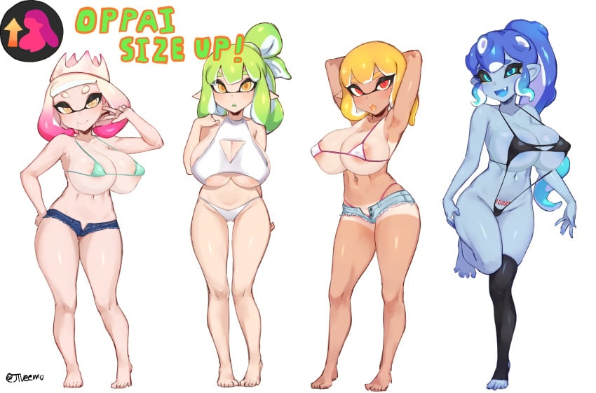 3rd_party_edit 4girls agent_3_(splatoon) agent_4_(splatoon) alternate_breast_size areolae artist_signature big_breasts bikini bikini_bottom bikini_top blue_eyes blue_skin breasts cleavage daisy_dukes denim_shorts edit edited inkling inkling_girl jtveemo light-skinned_female light_skin long_hair looking_at_viewer navel navel_piercing octoling octoling_girl open_fly open_shorts pearl_(splatoon) ponytail red_eyes sanitized_(splatoon) sanitized_octoling short_hair sling_bikini splatoon splatoon_(series) splatoon_2 splatoon_2:_octo_expansion tan-skinned_female tan_body tan_skin tanlines tanned_skin text unbuttoned unbuttoned_shorts white_background yellow_eyes