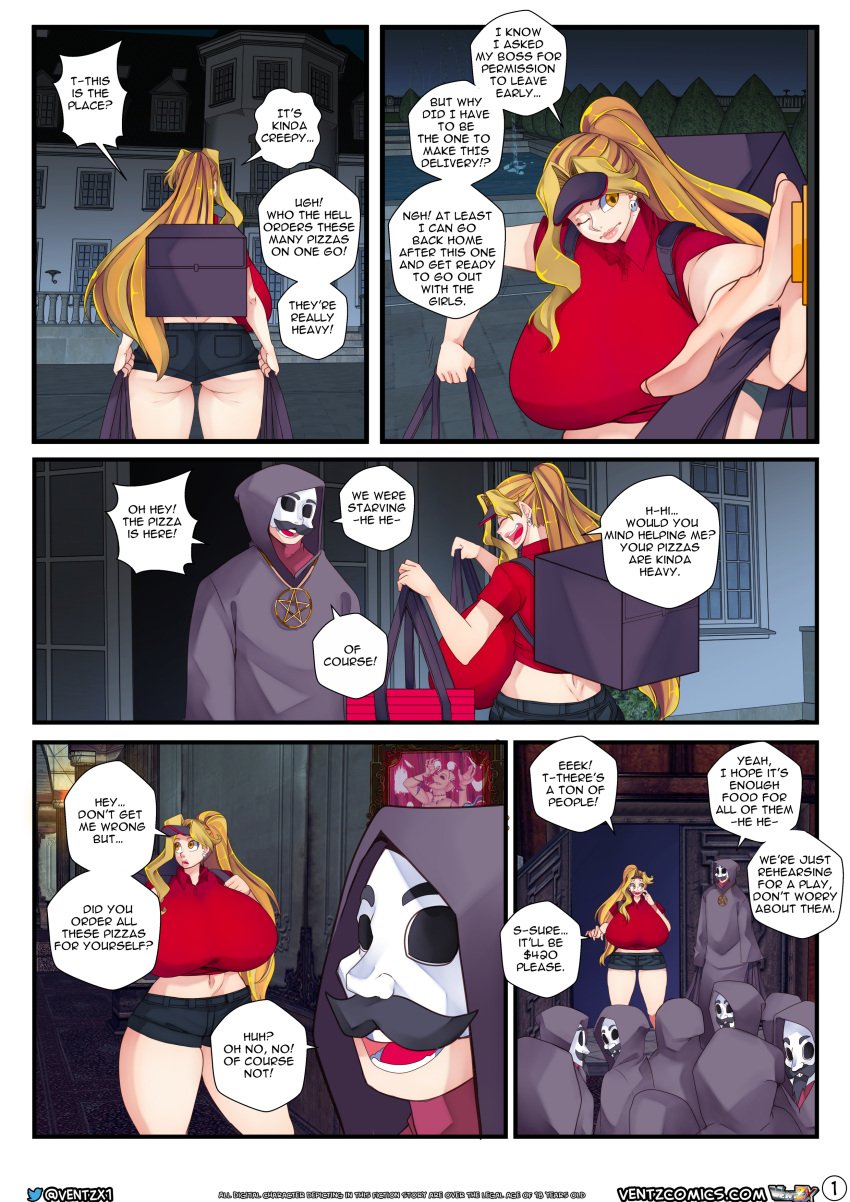 big_ass blonde_female blonde_hair brayaneroartist comic_page cultist delivery_employee female fer_(ventzx) golden_eyes halloween huge_breasts humongous_breasts mansion masked_male pentagram_necklace pizza ponytail sexy shorts ventzcomics ventzx ventzx1