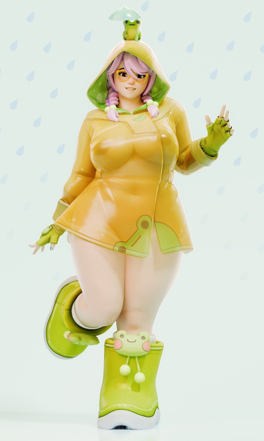 1girls 2025 3d 3d_(artwork) areolae bbw big_boobs big_boots big_breasts boots brown_eyes curvy curvy_figure exposed_breasts exposed_nipples female frog fugtrup mei_(overwatch) overwatch overwatch_2 pink_hair rain rainy_day_mei see-through see-through_clothing thick_thighs thighs tummy tummy_squish