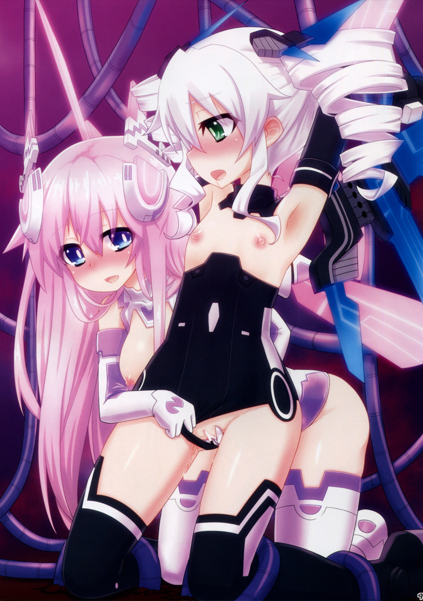 2girls absurdres armpits black_sister blue_eyes blush bound breasts cpu_candidate drill_hair elbow_gloves flat_chest flat_chested gloves goddess green_eyes hair_ornament highres long_hair mizunashi_(second_run) mouth_open multiple_girls nepgear neptunia_(series) nipples open_mouth power_symbol-shaped_pupils purple_hair purple_sister restrained smile symbol-shaped_pupils tentacle twin_drills uni_(neptunia) video_games white_hair wings yuri