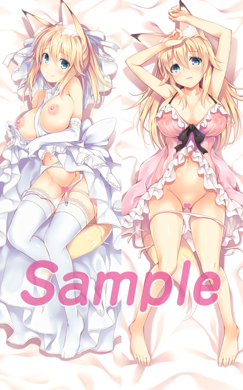 animal_ears breasts censored cleavage dakimakura garter_belt kitsune lingerie negligee nipples no_bra nozomi_tsubame pantsu panty_pull sample stockings string_panties tail thighhighs