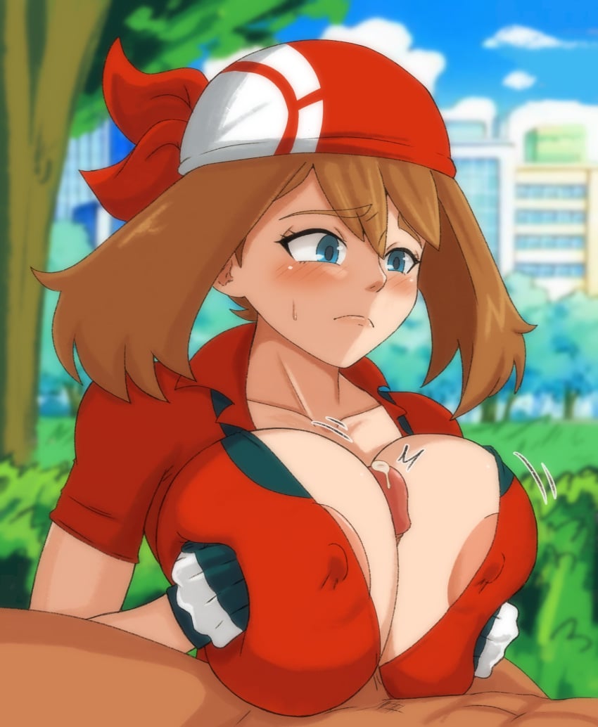 1boy 1girls blue_eyes blush breasts brown_hair city clothed_female_nude_male dark-skinned_male dark_skin game_freak gloves gomi_draws hat huge_breasts light-skinned_female light_skin may_(pokemon) nipple_bulge nipples_visible_through_clothing outdoors paizuri penis pokemon pokemon_rse public public_sex tree