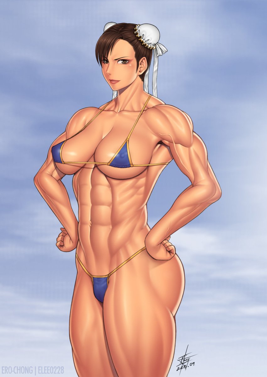 bikini breasts brown_eyes brown_hair chun-li elee0228 ero-chong female female_only looking_at_viewer muscles muscular_female navel solo street_fighter thong veins