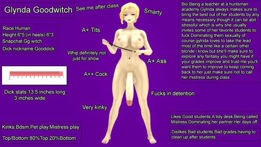 3d areolae balls big_cock big_penis blonde_female blonde_hair breasts discipline earings fair_skin futa_only futanari glynda_goodwitch green_eyes long_penis purple_background rwby text text_box theboobedone whip