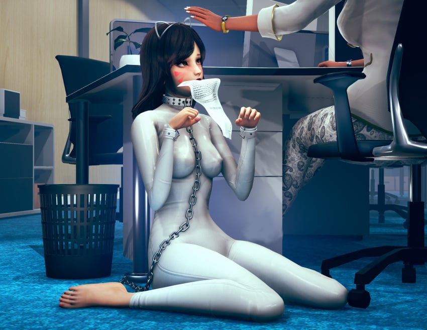 3d barefoot bodysuit bondage cat_ears chains collar cuff_(restraint) cuffs d.va dialogue feet female female_only femsub human_pet latex latex_clothing latex_suit leash leash_and_collar lipstick mercierharrogate office office_clothing office_lady overwatch petite_female petplay petting shiny_clothes shy sitting sitting_on_floor skirt small_breasts submissive submissive_female thin_waist