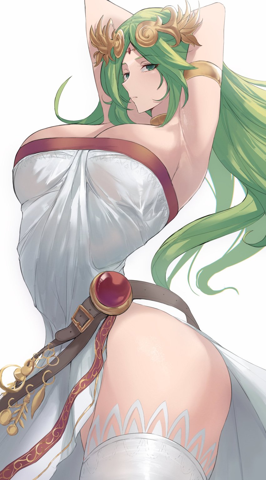 1girls absurdres armlet bare_shoulders breasts calmgreentori circlet cleavage dress female female_only forehead_jewel green_eyes green_hair highres jewelry kid_icarus kid_icarus_uprising large_breasts long_hair looking_at_viewer nintendo palutena simple_background solo solo_female solo_focus thighhighs tiara very_long_hair white_background white_dress white_thighhighs