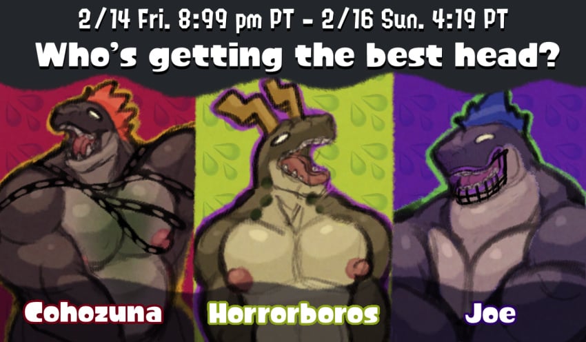 3boys cohozuna competition horrorboros megalodontia meme muscles nintendo nipples non-mammal_nipples salmonid salmonid_(splatoon) splatfest splatoon suggestive trick_rex_(artist) whos_getting_the_best_head