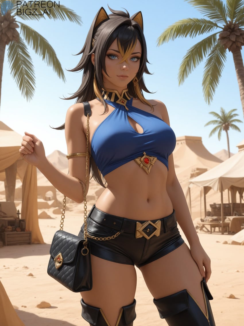 ai_generated animal_ears artist_name ass beach belly belt big_breasts bigz_ai black_hair blue_eyes breasts cat_ears closed_mouth dehya_(genshin_impact) dessert female female genshin_impact hair_between_eyes hi_res highres hoyoverse huge_breasts jewelry large_breasts lips long_hair looking_at_viewer mihoyo multicolored_hair oasis outdoors palm_tree patreon_username shorts smile standing thighs topwear tree