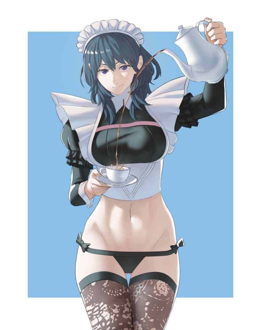 1girls belly blue_eyes byleth_(fire_emblem) byleth_(fire_emblem)_(female) cup fire_emblem fire_emblem:_three_houses kettle looking_at_viewer maid maid_headdress maid_outfit nintendo panties pomelomelon smile solo stockings tea teal_hair thigh_gap