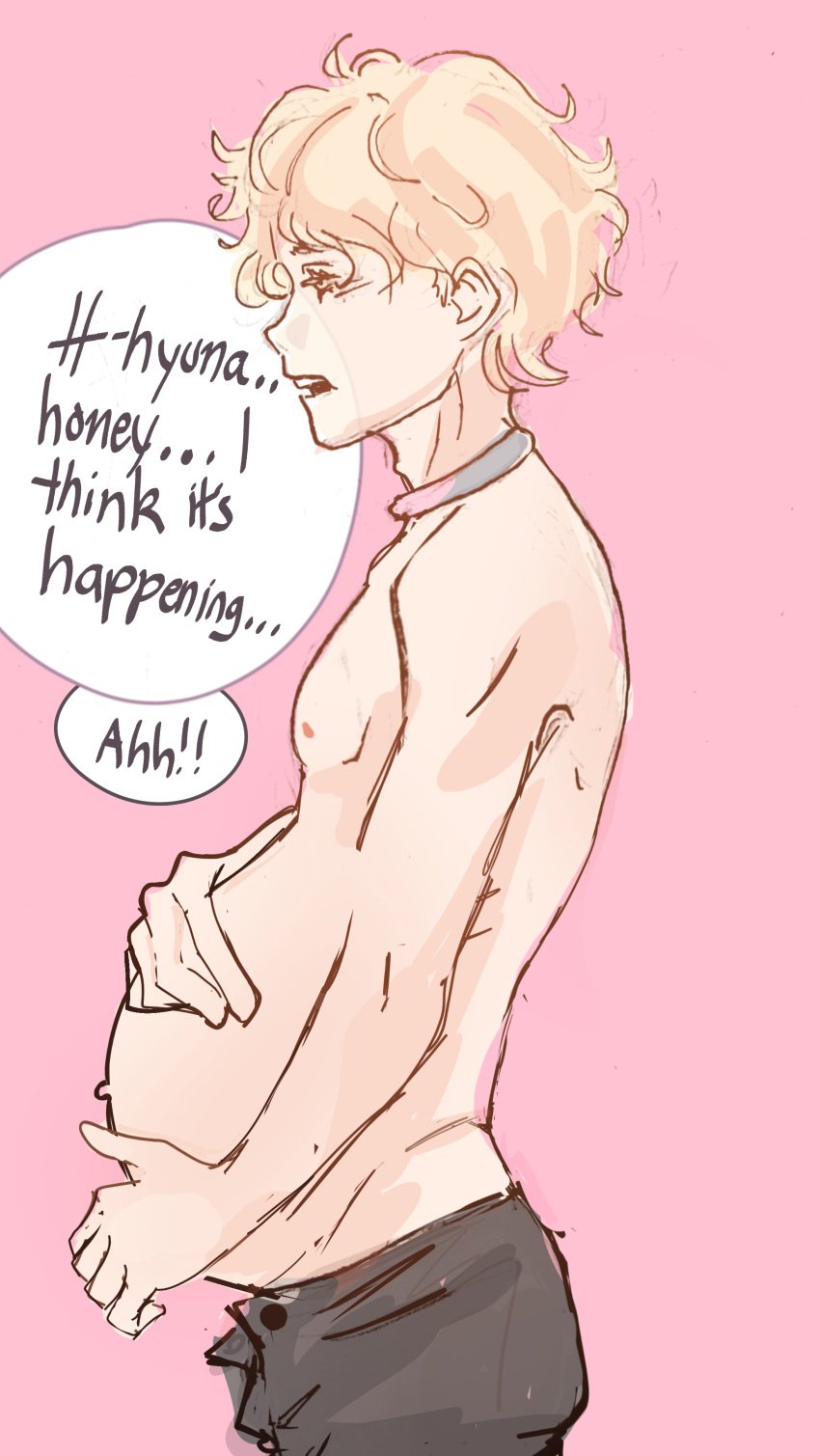 1boy alien_stage artist_request blonde_hair english english_dialogue english_language english_text gay light-skinned_male light_skin luka_(alien_stage) male mpreg nipples pregnant pregnant_belly pregnant_male solo speech_bubble speech_bubbles tagme yaoi