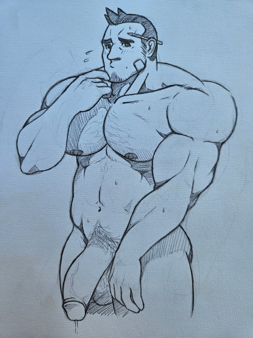 balls bara big_penis dick_gumshoe flaccid giganuramaki gyakuten_saiban male male_only monochrome muscles muscular nude penis solo solo_male