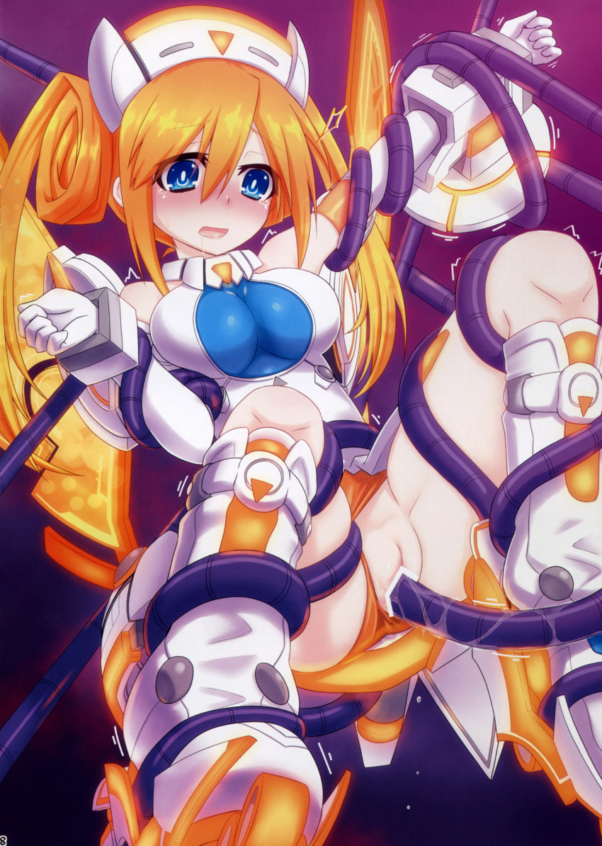 1girls absurdres arm_up bare_shoulders blue_eyes blush bound breasts censored female highres long_hair looking_at_viewer mizunashi_(second_run) neptunia_(series) orange_hair orange_heart power_symbol pussy restrained sex solo spread_legs symbol-shaped_pupils tears tentacle twintails uzume_tennouboshi vaginal_penetration video_games wings