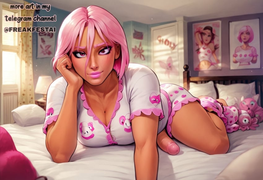 ai_generated bed bedroom breasts cleavage colored_eyebrows colored_eyelashes dickgirl freakfestai futa_only futanari lipstick looking_at_viewer lying lying_on_bed on_bed pajamas penis pink_eyelashes pink_eyes pink_hair pink_lipstick seductive seductive_look seductive_pose shorts solo solo_focus tan_body tan_skin