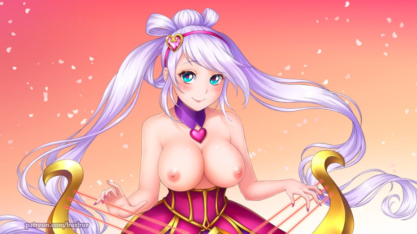 bangs blue_eyes blue_hair blush breasts burbur cleavage detached_collar dress female hair_ornament hairband heart-shaped_pupils heartbreakers_series instrument large_breasts league_of_legends long_hair looking_at_viewer nail_polish nipples purple_hair riot_games silver_hair smile solo sona_buvelle sweetheart_sona symbol-shaped_pupils topless twintails white_hair