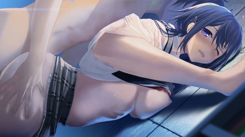 1boy against_wall blurry bra bra_lift braid breast_press breasts censored depth_of_field dutch_angle female game_cg hair_ornament kurono_mitsuki medium_breasts midriff mosaic_censoring navel nipples one_eye_closed ootate_ruka open_mouth plaid plaid_skirt purple_eyes purple_hair re:lief_~shin'ai_naru_anata_e~ red_bra sex shirt_lift short_hair side_braid skirt skirt_lift straight sweat tears thigh_grab underwear