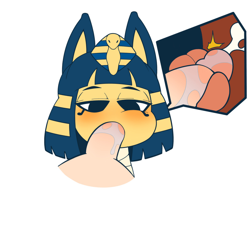 2017 animal_crossing ankha anthro bandage blush cheek_bulge cum cum_in_mouth cum_inside disembodied_penis egyptian ejaculation feline fellatio female fur furry half-closed_eyes highres human human_on_anthro humanoid_penis internal interspecies makeup male male_human/female_anthro male_on_anthro male_pov mammal nintendo oral orgasm pani penis pov saliva sex simple_background straight tongue unseen_male_face white_background yellow_fur
