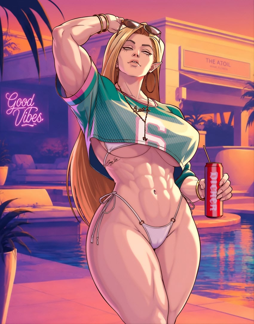 1girls 2026 abs absurd_res big_breasts blonde_hair breasts crop_top detailed_background divine_wine female female_only grand_theft_auto grand_theft_auto_vi green_clothing gta_vi_cover_girl half_naked highres las_demoniacas_desventuras_de_vampiranhya light-skinned_female light_skin lilith_(vampiranhya) looking_at_viewer meme muscles muscular muscular_female no_pupils pointy_ears rockstar_games shirt short_hair slightly_muscular_female smile smirk solo solo_female tattoo vampiranhya_(artist) video_game_character video_games white_bikini white_dress