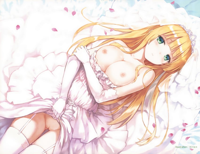 breast_hold breasts dress hiten_(hitenkei) nipples no_bra nopan pussy skirt_lift stockings thighhighs uncensored wedding_dress