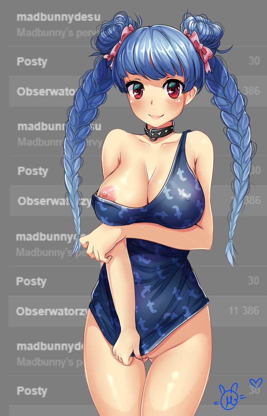 absurdres areolae blue_hair bottomless breasts female female_only highres long_hair looking_at_viewer madbunny nipples pussy solo twintails