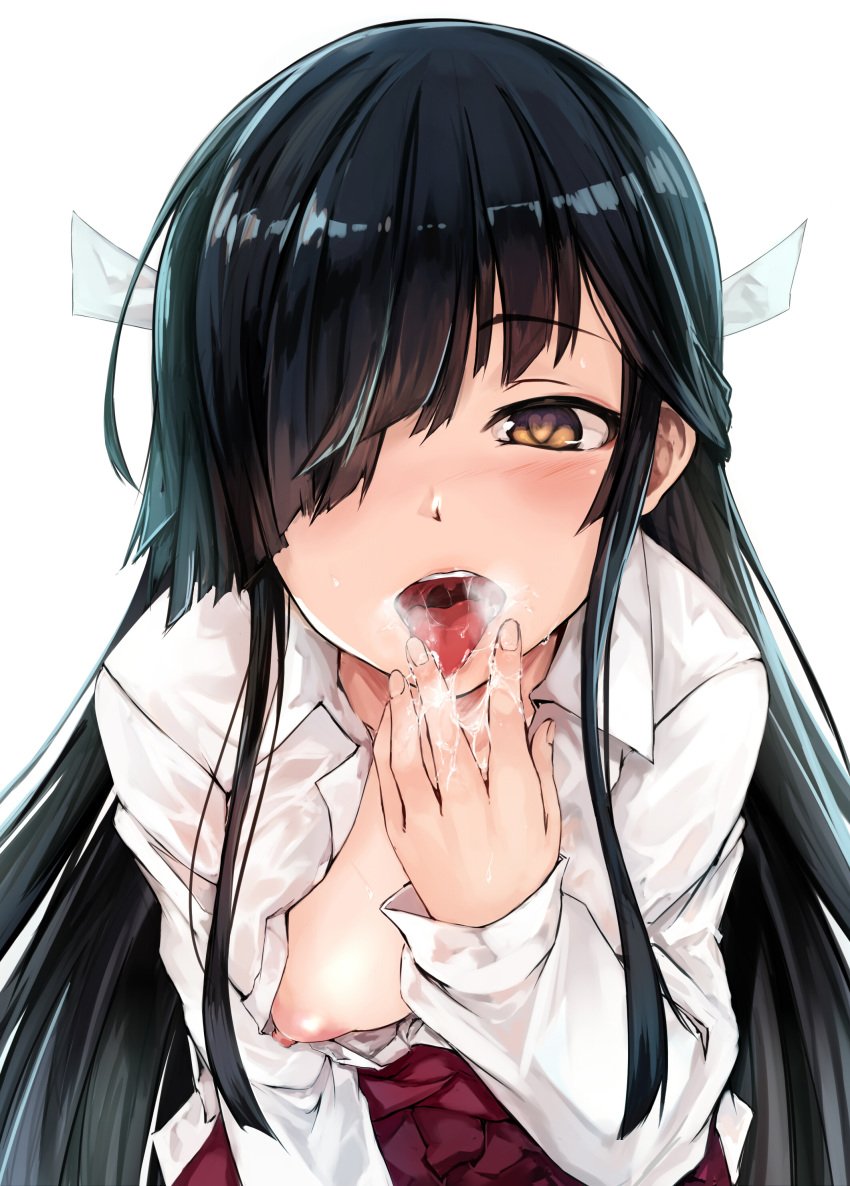 10s absurdres black_hair blush breasts brown_eyes female hair_over_one_eye hair_ribbon hayashimo_(kantai_collection) highres kantai_collection long_hair looking_at_viewer maki_(maki_pei) nipples open_mouth oral_invitation ribbon saliva school_uniform solo very_long_hair