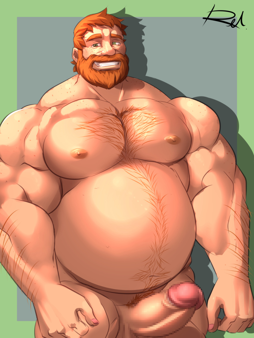 1boy bara beard belly body_hair boner brian_harding censored chubby dream_daddy:_a_dad_dating_simulator erection facial_hair fat hairy male male_only nude orange_hair penis reclamon solo