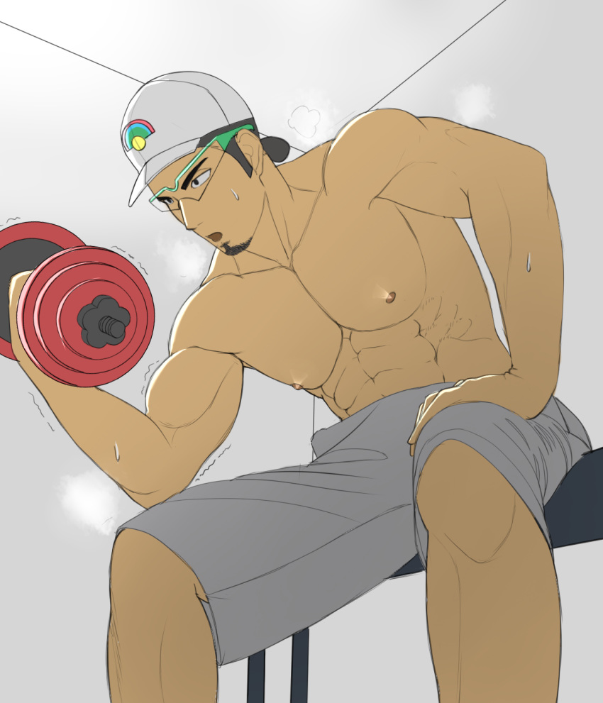 1boy bara dark_skin glasses hat human kukui_(pokemon) low-angle_view male male_only muscular muscular_male nintendo pokemon pokemon_sm shorts sitting solo solo_male steam sweat takejirog topless working_out workout