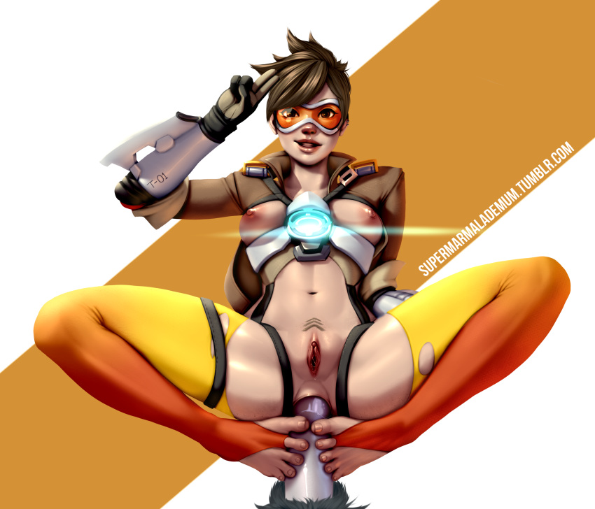 anal anal_sex anus areolae breasts brown_eyes brown_hair faceless_male feet female footjob footjob_with_legwear highres looking_at_viewer male marmalademum nipples overwatch penetration penis pubic_hair pussy sex shaped_pubic_hair short_hair smile straight tracer winston