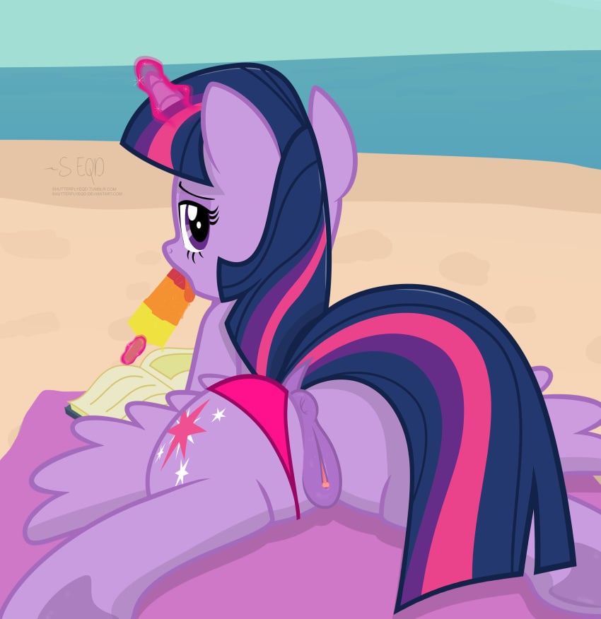 2017 alicorn anus ass beach bedroom_eyes book clitoral_winking clitoris clothing cutie_mark dock equine feathered_wings feathers female feral food friendship_is_magic hair half-closed_eyes hi_res horn licking looking_at_viewer looking_back magic mammal multicolored_hair my_little_pony outside panties popsicle purple_eyes purple_feathers pussy seaside seductive shutterflyeqd sky solo spread_legs spreading tongue tongue_out twilight_sparkle_(mlp) underwear water wings