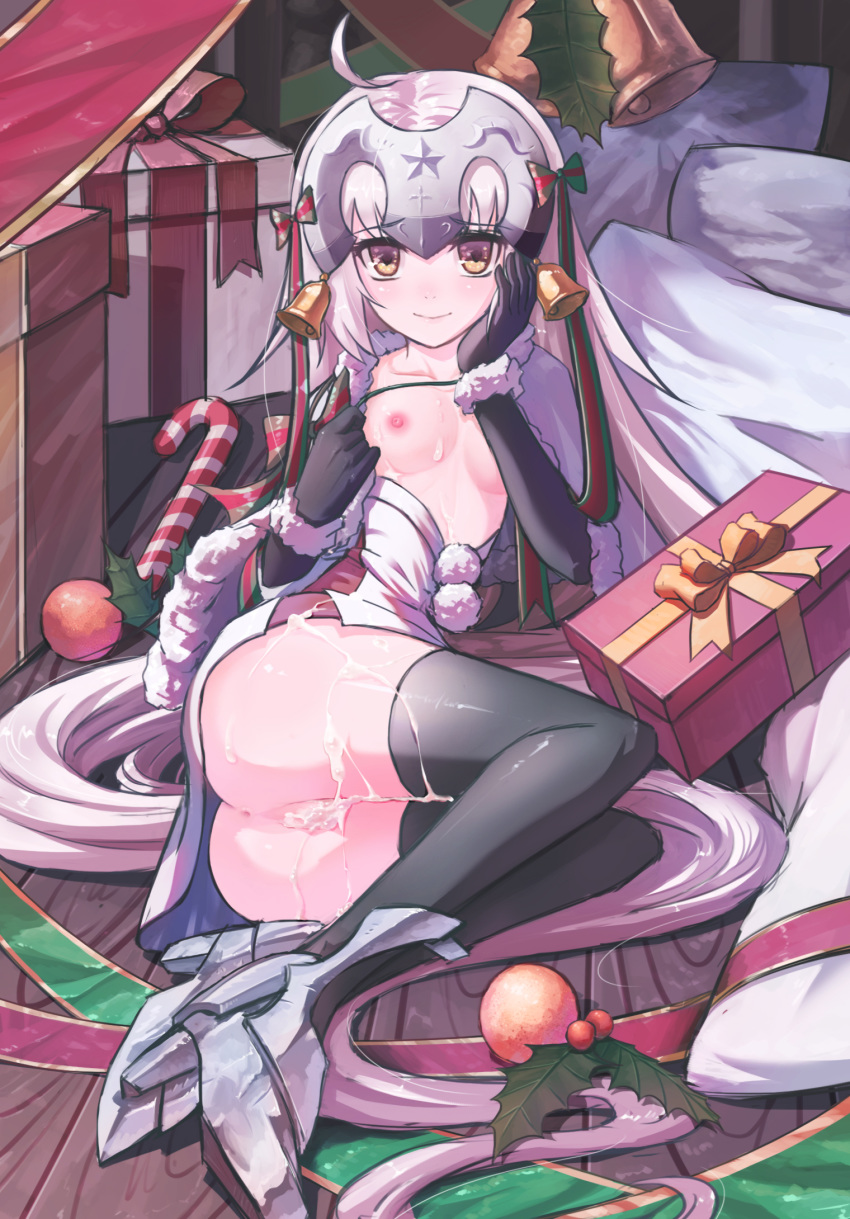 1girls after_sex after_vaginal ahoge anus ass bell black_gloves black_legwear bow breasts candy_cane collarbone cum cum_in_pussy cum_on_ass cum_on_body cum_on_breasts cum_on_clothes cum_on_lower_body cum_on_upper_body elbow_gloves fate/grand_order fate_(series) female floor gloves hair_ribbon hairbow headpiece jeanne_d'arc_(alter_santa_lily) long_hair looking_at_viewer lying mistletoe nipples no_bra no_panties on_floor on_side present pussy ribbon shiny shiny_clothes small_breasts solo ten_no_hoshi thighhighs wooden_floor