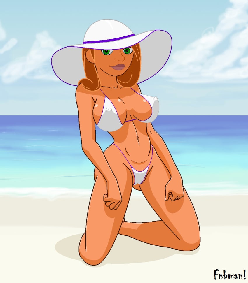 1girls aged_up alternate_version_available artist_name bare_shoulders barefoot beach big_breasts bikini bikini_bottom bikini_top busty cleavage curvy day detailed_background disney erect_nipple erect_nipples eyeliner female female_only fnbman front_view green_eyes hat hourglass_figure human kim_possible kimberly_ann_possible kneeling large_breasts long_hair looking_at_viewer nipple_bulge ocean older orange_hair outdoor outdoors outside pose posing sand shadow shiny shiny_skin solo swimsuit tan tan_skin tanlines tanned text thong voluptuous wide_hips