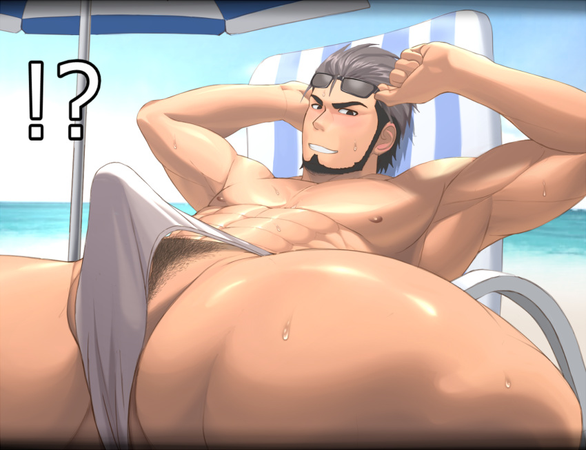 1boy abs bara beach beard bulge character_request copyright_request crotch erection facial_hair looking_at_viewer lying male male_only muscle naughty_face nipples pecs sunglasses swimsuit takejirog topless