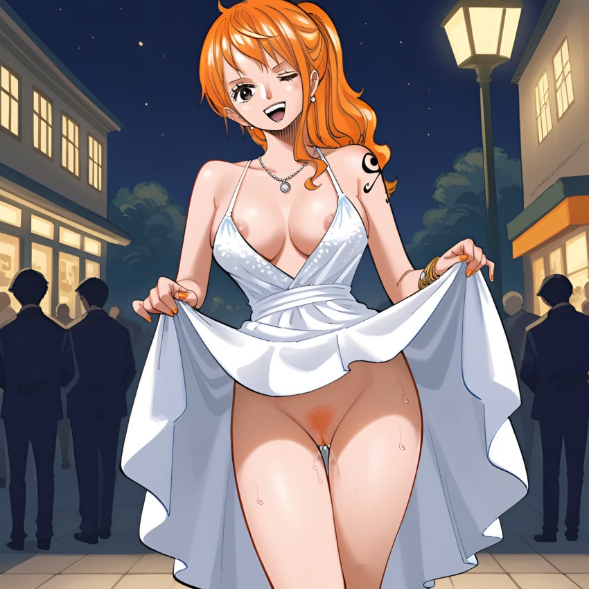 ai_generated areolae artist_request bare_shoulders bracelet breasts checkered checkered_floor dress dress_lift earrings exhibitionism female flashing jewelry large_breasts male nail_polish nami_(one_piece) necklace night night_sky nipples no_panties one_eye_closed one_piece open_mouth orange_hair pubic_hair public_nudity pussy pussy_juice sky smile solo_focus standing tattoo thigh_gap tile_floor tiles