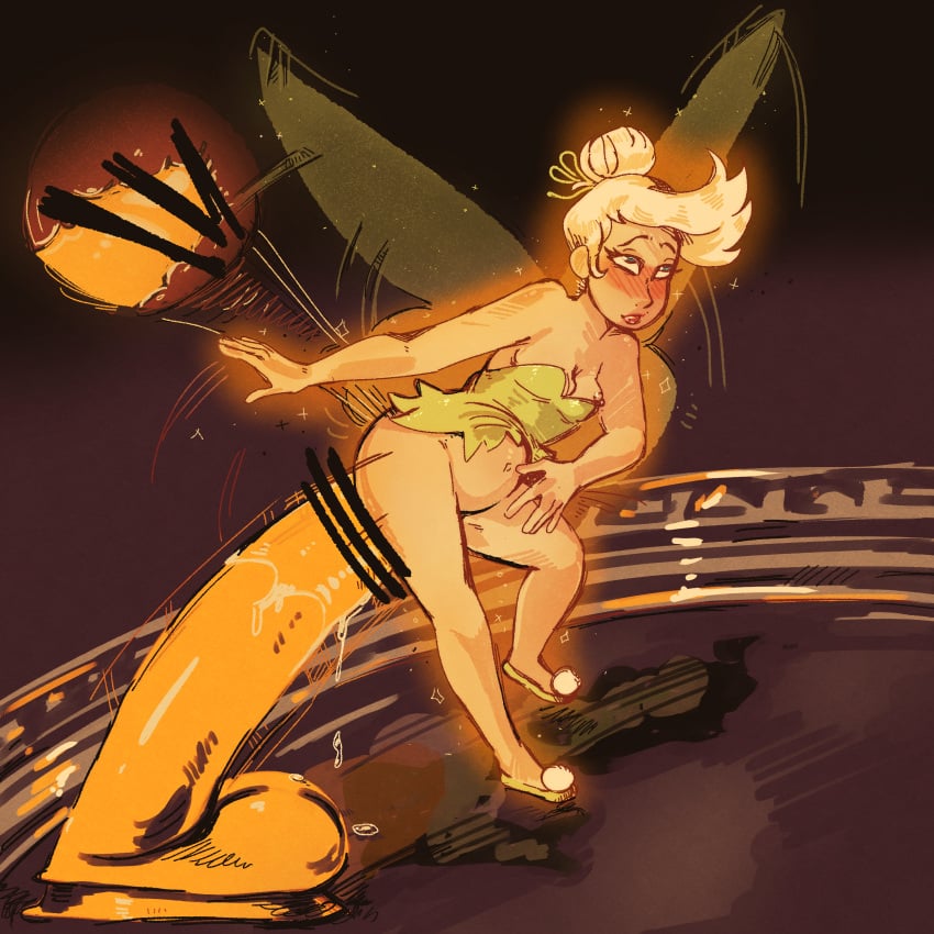 blonde_female blonde_hair currentlytr_ash dildo disney fairy fairy_wings glowing glowing_genitalia glowing_penis large_insertion minigirl size_difference smaller_female stomach_bulge tinker_bell tiny_female