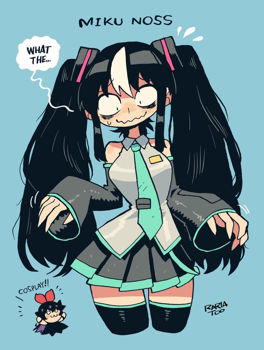 1girls absurd_res black_hair blue_background cosplay crap-man cute english_text eye_bags female female_only hatsune_miku long_hair noss_the_nosferatu_(crap-man) not_porn solo text twintails vampire vampire_girl very_high_resolution vocaloid wavy_mouth white_tuft