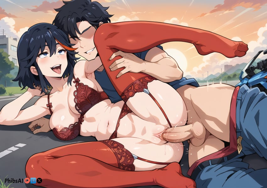 1boy 1girls ahegao ai_generated armpits artist_name black_hair blue_eyes blush bra breasts city cleavage clothed_sex cloud collarbone couple day erection faceless_character feet female garter_belt garter_straps hair_between_eyes heart-shaped_pupils kill_la_kill lace lace-trimmed_bra large_breasts leg_lift leg_up legwear lingerie male male_penetrating_female matoi_ryuuko multicolored_hair navel nipples no_shoes on_ground on_side open_mouth outdoors panties pants pants_down patreon_username penis phibsai pussy pussy_juice red_bra red_legwear red_panties sex short_hair sky slim slim_waist smile soles spread_legs stable_diffusion stockings straight symbol-shaped_pupils teeth testicles thighhighs toes tomboy tongue tongue_out uncensored underwear underwear_only vaginal vaginal_penetration vaginal_sex watermark web_address