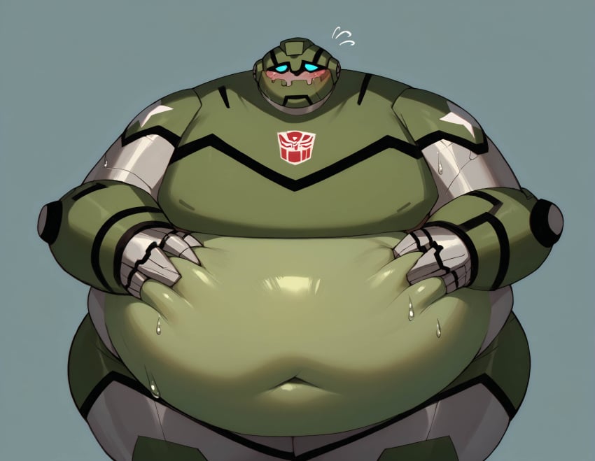 ai_generated autobot blue_eyes blush bulkhead busty_boy cybertronian embarrassed fuckable_gut hasbro huge_belly male male_only matronai_(artist) moobs navel obese_male robot shiny_ass sweat thick_ass thick_thighs transformers transformers_animated wide_hips