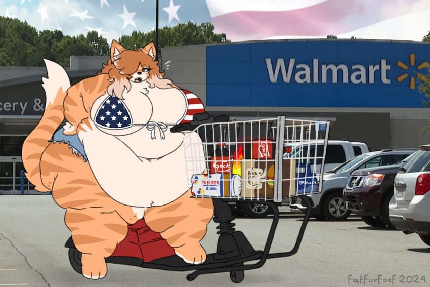 american_flag_bikini bbw belly belly_button big_belly big_breasts breasts cat cleavage feline female flag_bikini flag_print furry huge_breasts jean_shorts katie_(bradythewwefan) mexifurfoof mobility_scooter obese obese_female orange_fur orange_tabby overweight parking_lot scooter ssbbw thick_thighs walmart wide_hips