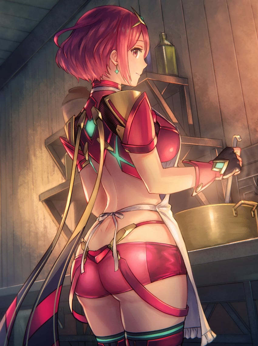 1girls anbe_yoshirou ass ass_focus breasts cooking cooking_pot earrings female floating_earring gloves headpiece highres jewelry kitchen large_breasts looking_at_viewer pyra red_eyes red_hair short_hair short_shorts shorts smile swept_bangs thighs tiara xenoblade_chronicles_(series) xenoblade_chronicles_2