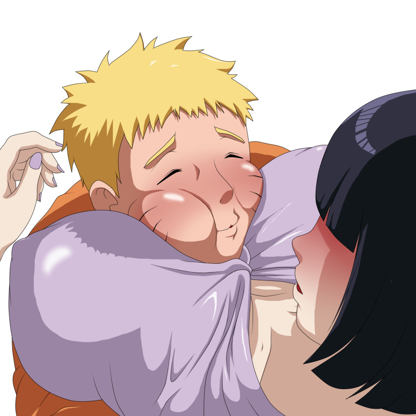 1boy 1girls aged_up big_breasts black_hair blonde_hair blush boruto:_naruto_next_generations cheek_bulge cleavage closed_eyes duo female front_view greshnikhrono human hyuuga_hinata male mature milf mother motorboat nail_polish naruto older short_hair simple_background spiky_hair straight uzumaki_naruto wife