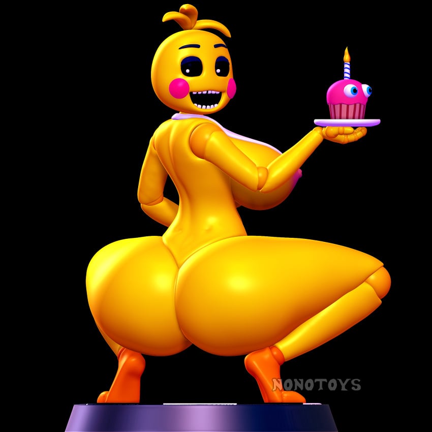 1:1 3d_(artwork) 3d_modeling 3d_print animatronic anthro ass avian bib big_breasts big_butt bird black_eyes breasts candle checkered checkered_floor chicken cupcake digital_media_(artwork) female five_nights_at_freddy's five_nights_at_freddy's_2 food galliform gallus_(genus) hi_res looking_at_viewer machine nipples nonotoys open_mouth phasianid pink_cheeks pinup pose robot scottgames simple_background solo toy toy_chica_(fnaf)