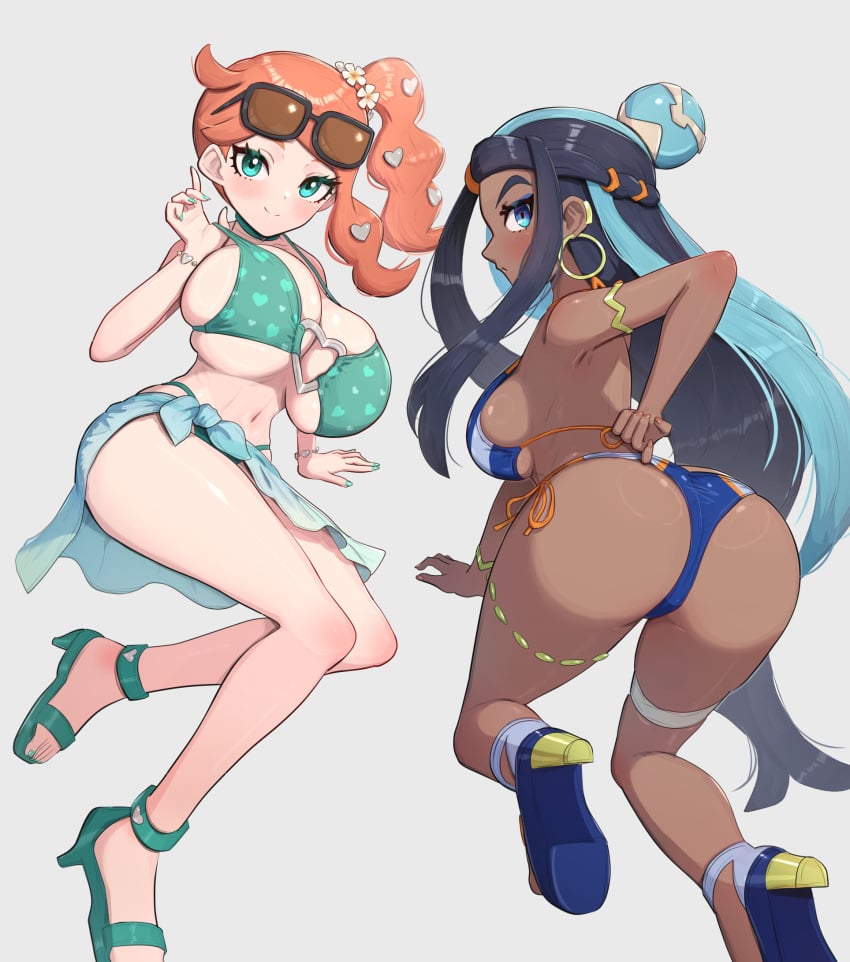 2girls alternate_breast_size aqua_eyes ass bikini black_hair blue_eyes blue_hair breasts chocolate_and_vanilla dark-skinned_female dark_skin dat_ass female female_only game_freak gonzarez green_eyes heeled_sandals huge_ass huge_breasts human light-skinned_female light_skin long_hair looking_at_viewer looking_back multiple_girls nessa_(pokemon) nintendo orange_hair pokemon pokemon_ss sandals side_ponytail sonia_(pokemon) sunglasses sunglasses_on_head two_tone_hair