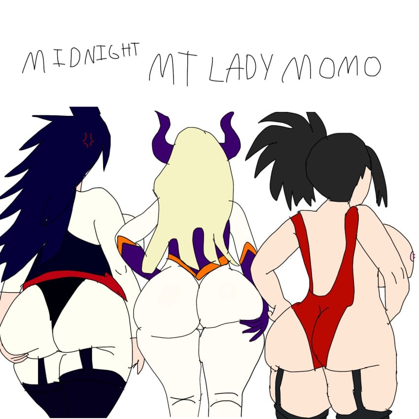 3girls anger_symbol annoyed ass ass_chart big_ass breasts dat_ass female female_only groping_ass huge_ass large_ass midnight_(my_hero_academia) momo_yaoyorozu mount_lady my_hero_academia sailorannie2005 thick_thighs wide_hips yaoyorozu_momo