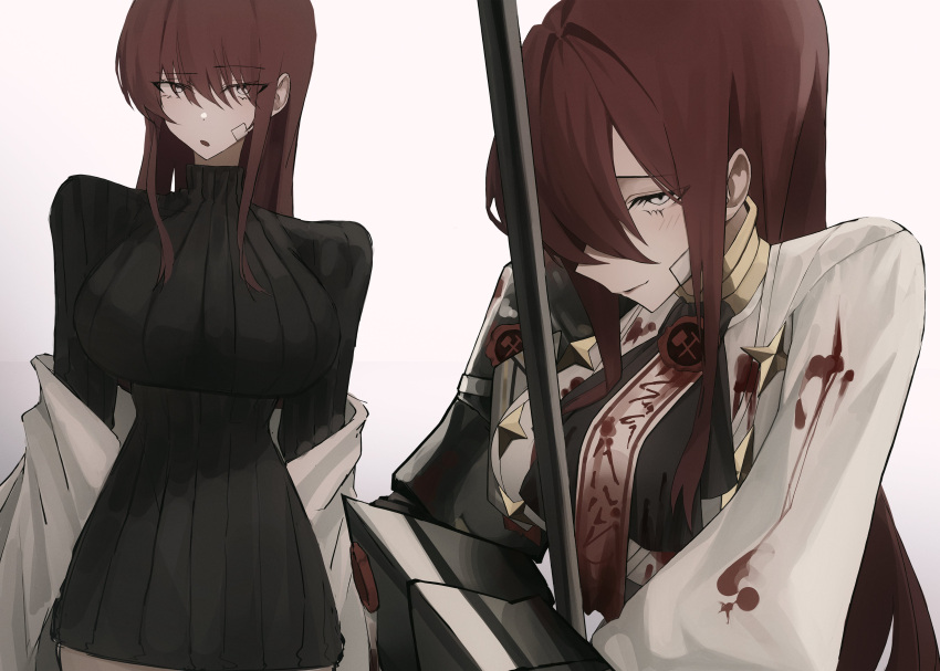 black_shirt large_breasts limbus_company long_hair project_moon red_hair turtleneck two_strongtiger white_coat white_eyes yuri_(limbus_company)