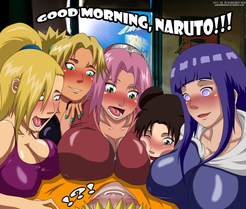 ! 1boy 5girls ? aged_up alternate_version_available artist_name big_breasts blonde_hair blue_eyes blush breast_press brown_eyes brown_hair cheek_bulge cleavage closed_eyes day detailed_background english_text erect_nipple erect_nipples female front_view gray_eyes green_eyes greshnikhrono group hair_bun harem headband human hyuuga_hinata indoors ino_yamanaka inside long_hair looking_down male multiple_females multiple_girls nail_polish naruto naruto_shippuden older one_eye_closed open_mouth pink_hair ponytail room sakura_haruno shiny shiny_skin short_hair spiky_hair straight temari tenten text tied_hair uzumaki_naruto voluptuous wink yellow_hair