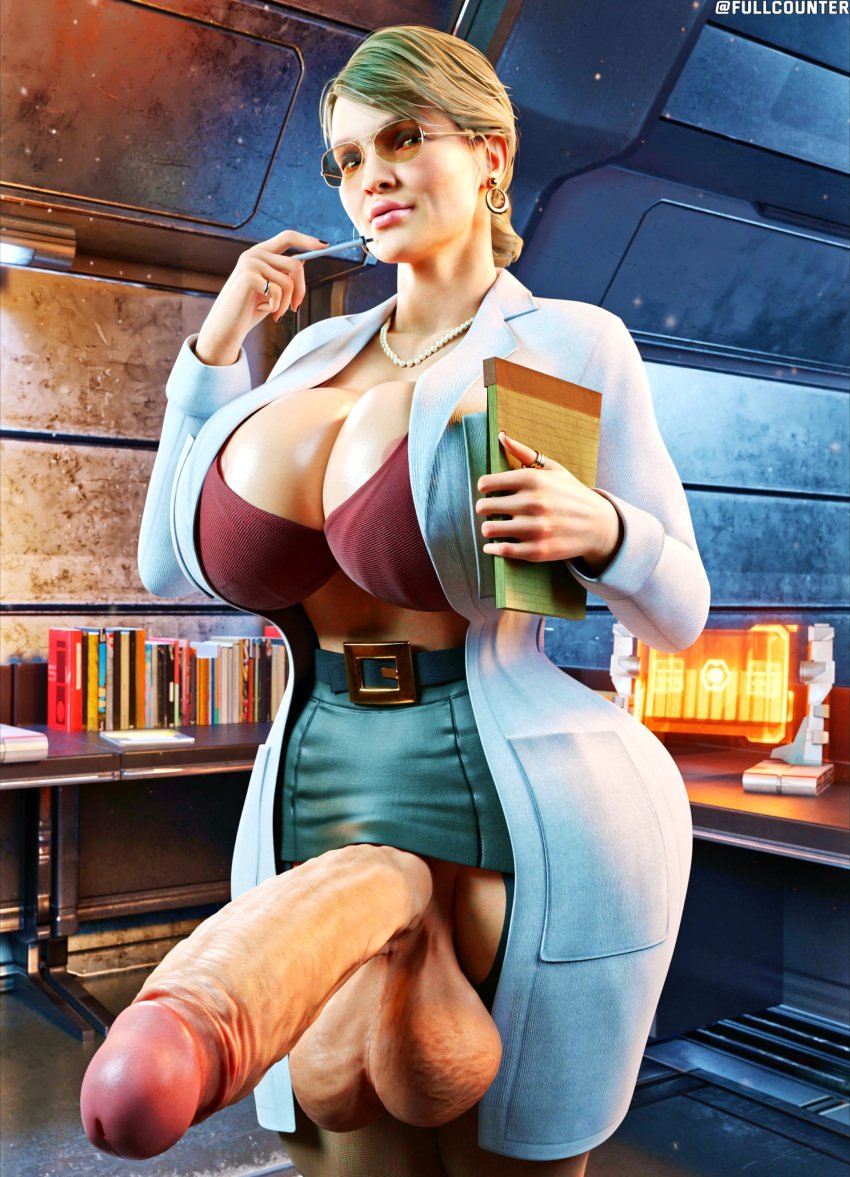 2024 3d 3d_(artwork) batman:_arkham_origins batman_(series) blonde_hair bra cleavage dc dc_comics dick dr._harleen_quinzel earrings futa_only futanari glasses harleen_quinzel injustice_2 labcoat light-skinned_futanari light_skin notepad penis solo stockings tagme testicles wet_cheetos