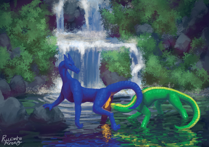 absurd_res ambiguous_gender anomalous_blue_dragon_(ruimtekroeg) ass blue_body blue_scales detailed_background digital_media_(artwork) dragon duo erection feral genitals glowing glowing_genitalia glowing_penis green_body green_scales hi_res horn male mythological_creature mythological_scalie mythology outside partially_submerged penis reptile ruimtekroeg scales scalie smile tail water wingless_dragon