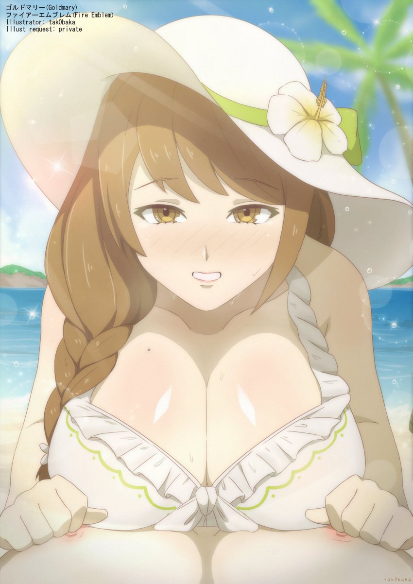 1boy 1boy1girl 1girls 2024 alternate_version_at_paywall alternate_version_available beach blush blushing_at_viewer brown_eyes brown_hair color colored droplets female female_on_top femdom fire_emblem fire_emblem_engage fire_emblem_heroes flicking_nipples gentle_femdom goldmary_(fire_emblem) goldmary_(summer)_(fire_emblem) large_breasts looking_at_viewer male_nipple_stimulation mole_on_breast nipple_play nipple_tweak nipples no_penetration outside palm_tree pinned_down playing_with_nipple pov pov_eye_contact smiling_at_viewer sweat sweatdrop tak0baka teasing_nipple waterdrops wet